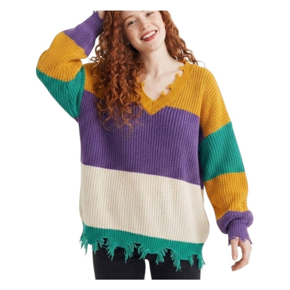 POL Baggy Sweater Mardi Gras Rainbow Road Vibrant Boho Chunky Rib Knit L